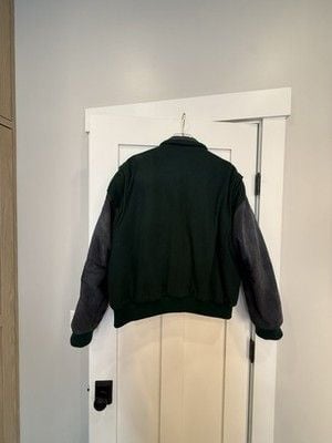 Vintage Field and Stream Bomber Jacket Mens Large Green Wool & Blue Suede 7