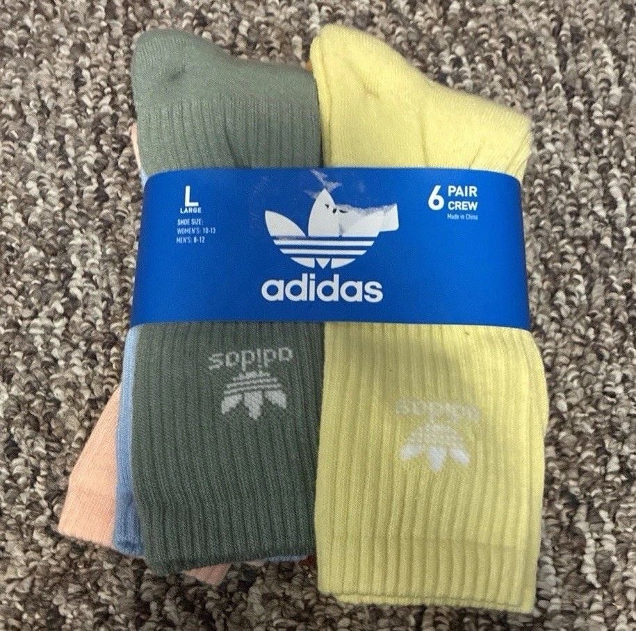 Adidas Originals 6 Pair Crew Socks Large Men’s 8-12 Women’s 10-13 Multicolor new 1