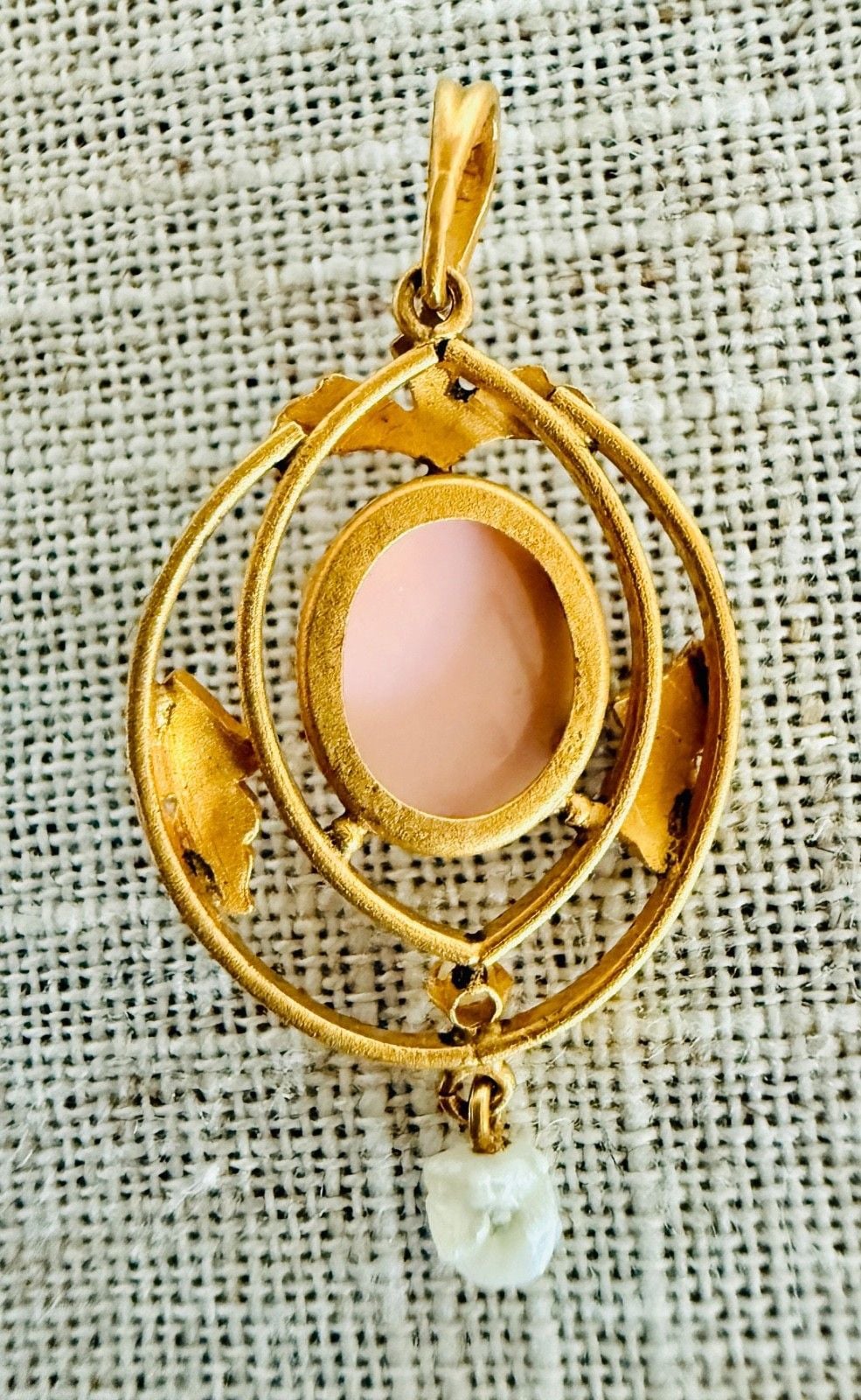 Antique 10K Gold Shell Cameo Pendant Black Enamel Pearl Drop Victorian Style 8