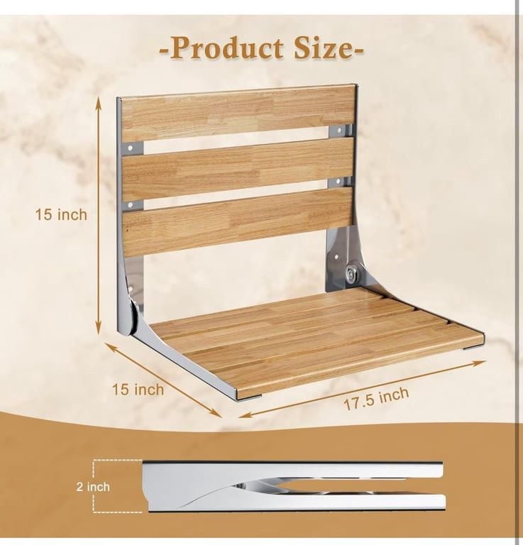 18" Folding Teak Shower Seat Wall Mounted, Fold Down Shower Bench for Indoor Shower, Home Care Bath Safety Furniture, ADA Compliant, Clear Coated for 1
