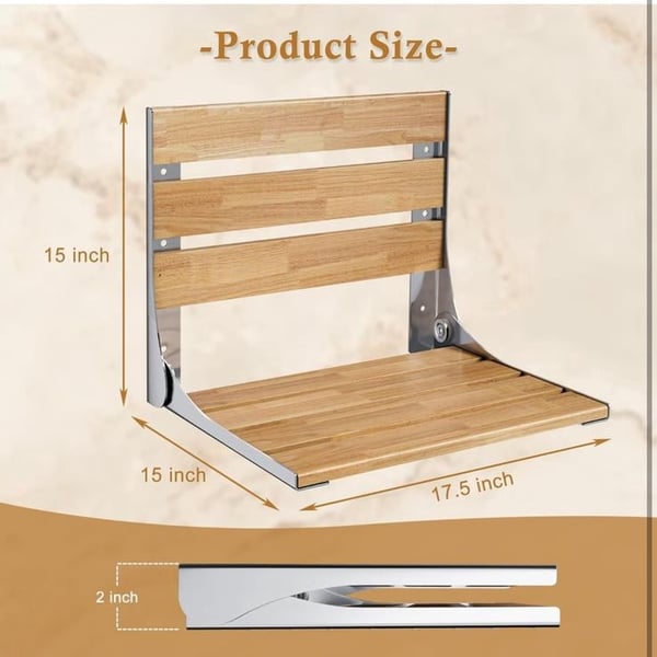 18" Folding Teak Shower Seat Wall Mounted, Fold Down Shower Bench for Indoor Shower, Home Care Bath Safety Furniture, ADA Compliant, Clear Coated for 