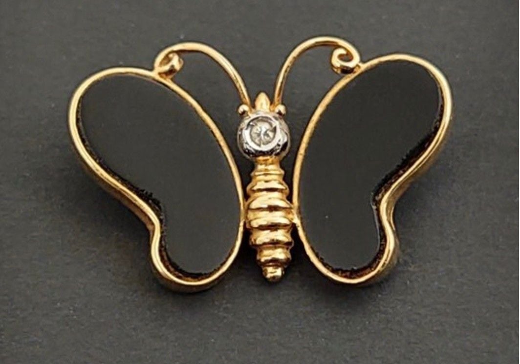Vintage 14K Gold Black Onyx Butterfly Brooch | Diamond Accent 2.2 g 3
