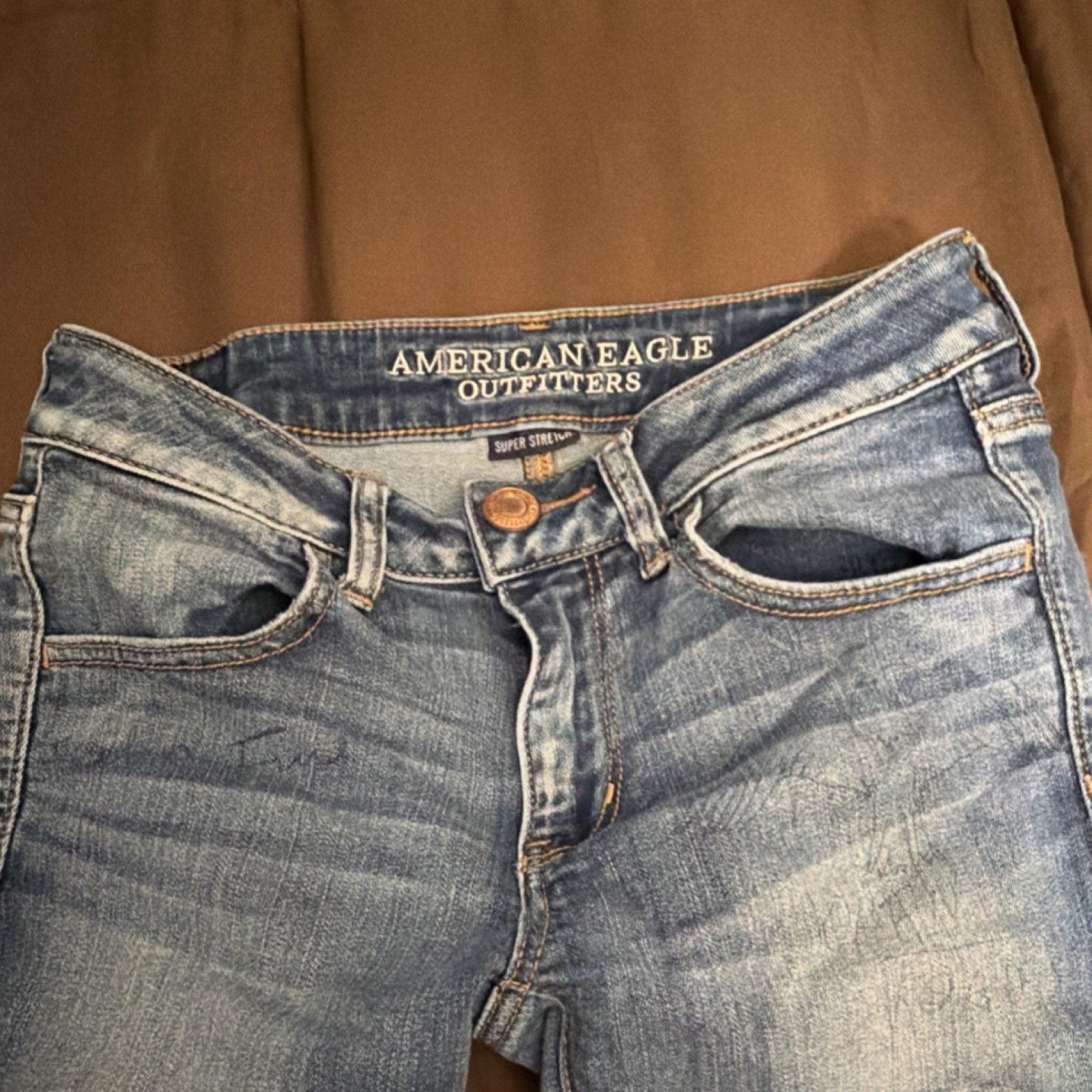American Eagle Outfitters Women's Blue Distressed Patch Jegging Stretch Jeans 3