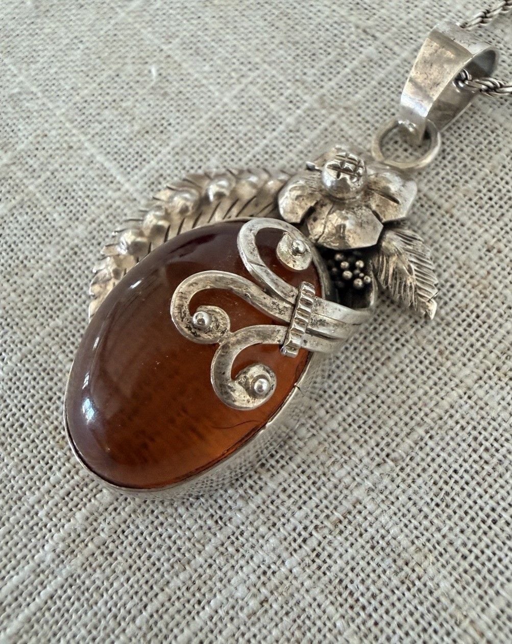 Artisan Sterling Silver Baltic Honey Amber Pendant Necklace 18” Rope Chain 925 3