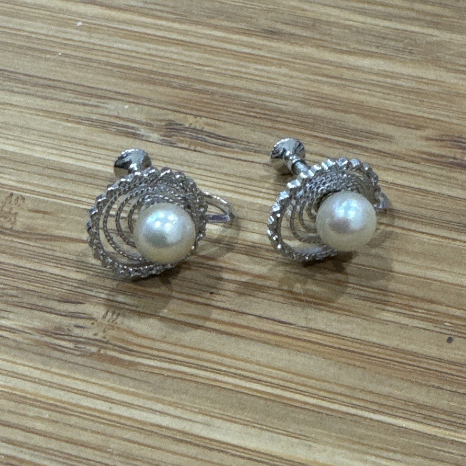 Vintage Sterling Silver Genuine Pearl Screw Back Earrings Swirl Floral 3