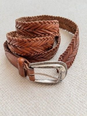 Talbots Vintage Brown Braided Woven Leather Belt Silver Western Buckle Boho LRG 1