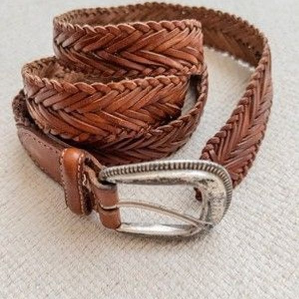 Talbots Vintage Brown Braided Woven Leather Belt Silver Western Buckle Boho LRG