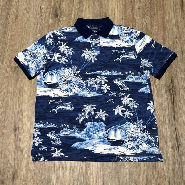 Polo Ralph Lauren Classic Fit L Blue Hawaiian Aloha Tropical Fish Polo Shirt
