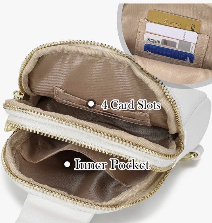 INICAT Anti-Theft RFID Small White Crossbody Sling Bag Faux Leather Gold 4