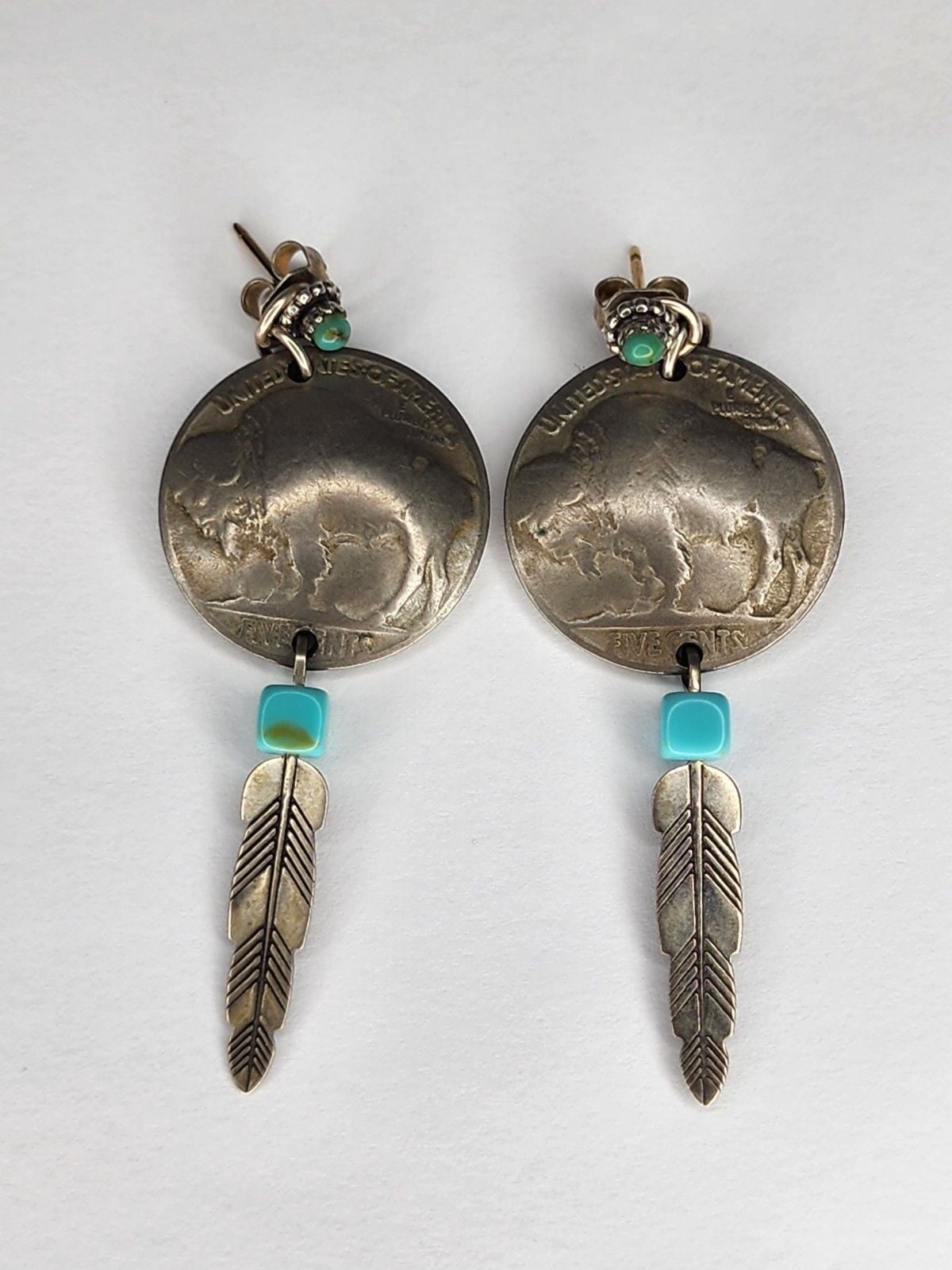 Vintage Sterling Silver Feather, Turquoise, Buffalo Nickel Earrings 2