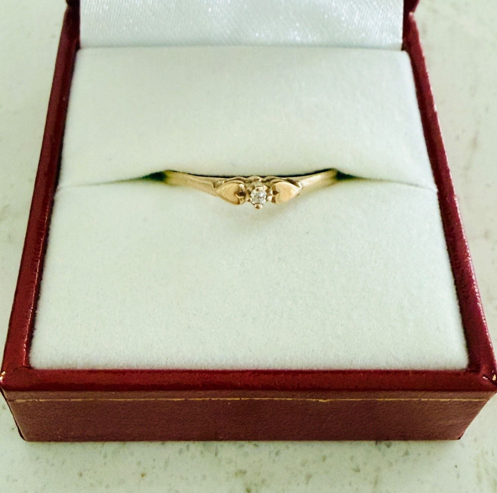 Antique 10K Gold Diamond Double Heart Size 8 Promise Solitaire Ring 2