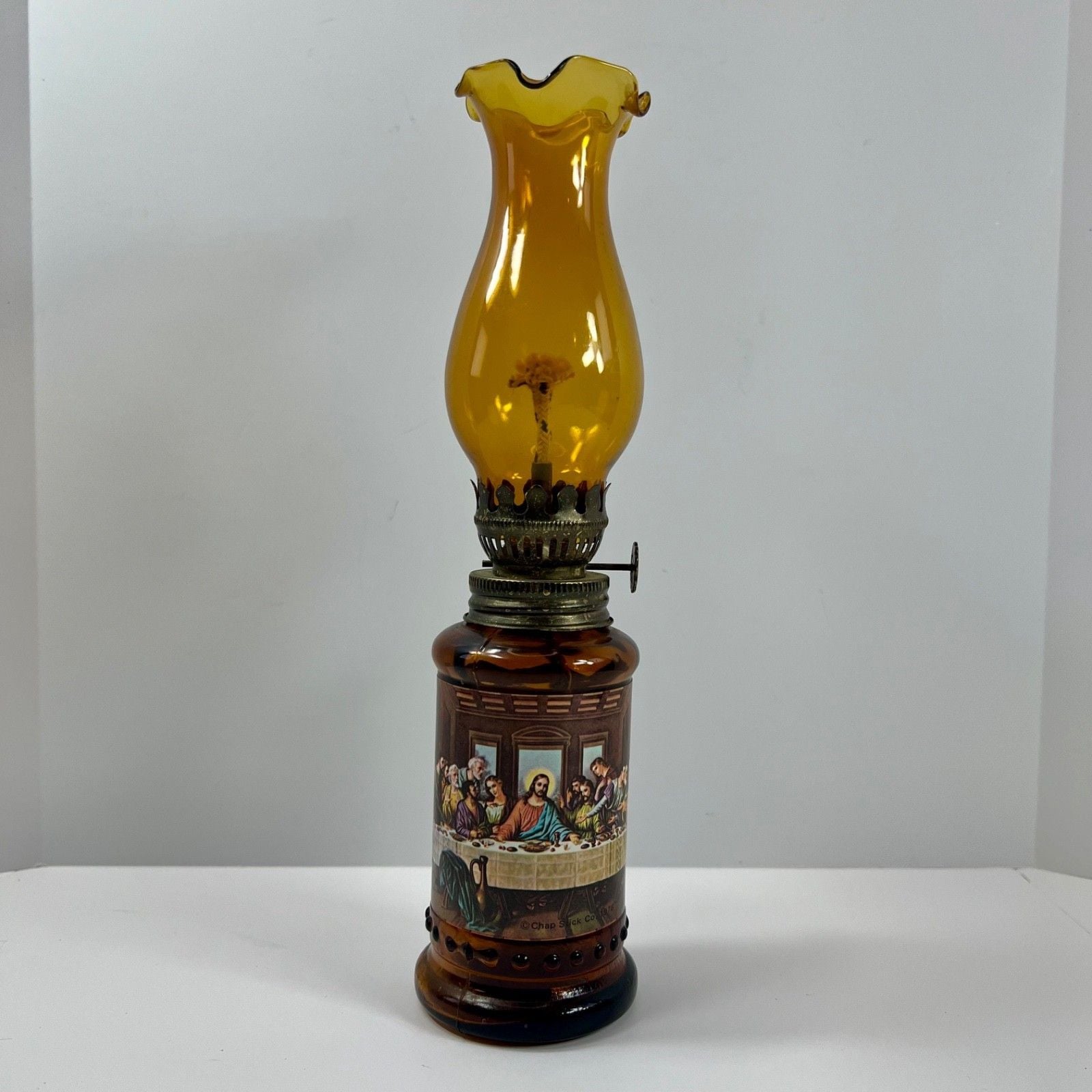 Vintage Chap Stick 1976 Amber Glass Mini Oil Lamp "The Last Supper" Hong Kong 1