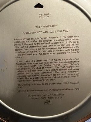 Portrait-Rembrandt Vintage Metal Wall Art Van Rijn (1606-1669) 1974 10in 3