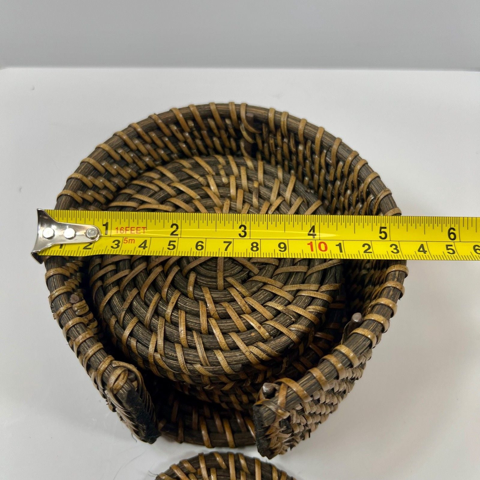 Set of 7 Brown Rattan Woven Wicker Round 4" Coasters with Storage Basket Boho 10