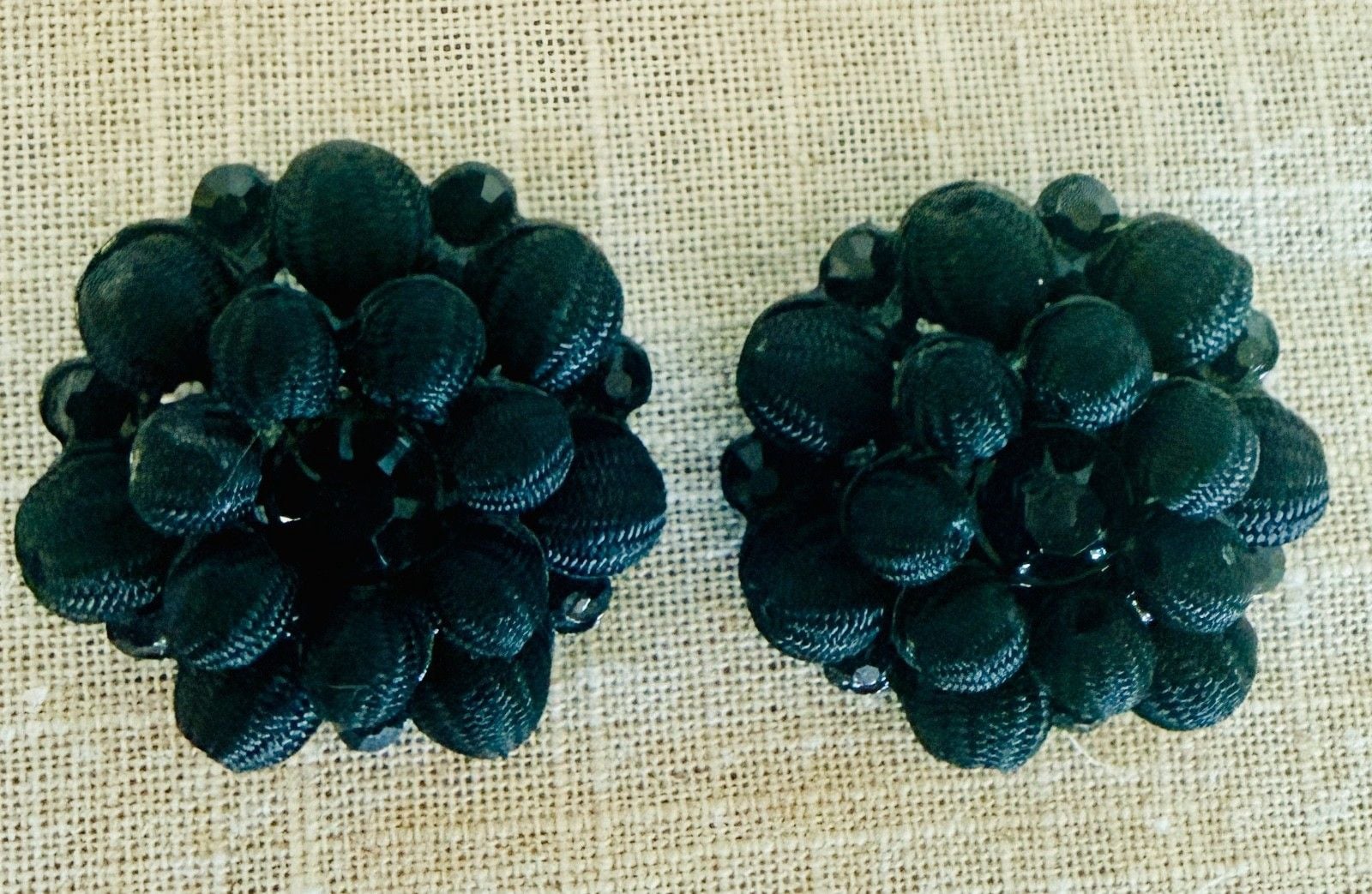 Vintage Mid-Century Black Cluster Beaded Fabric Buttons Set of 2 Statement 2