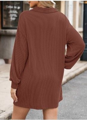 AlvaQ Womens Long Sleeve Dress Loose Button Front Lapel Collared Ribbed-SIZE M 3