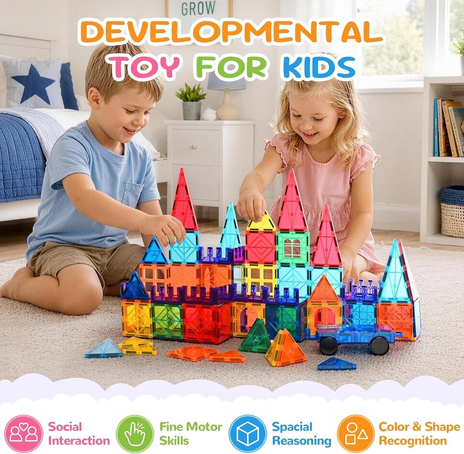 100 Pcs Magnetic Tiles, Magnet 3D Building Blocks Set with 2 Cars 3