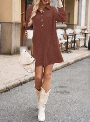 AlvaQ Womens Long Sleeve Dress Loose Button Front Lapel Collared Ribbed-SIZE M 2