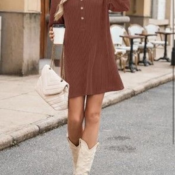 AlvaQ Womens Long Sleeve Dress Loose Button Front Lapel Collared Ribbed-SIZE M