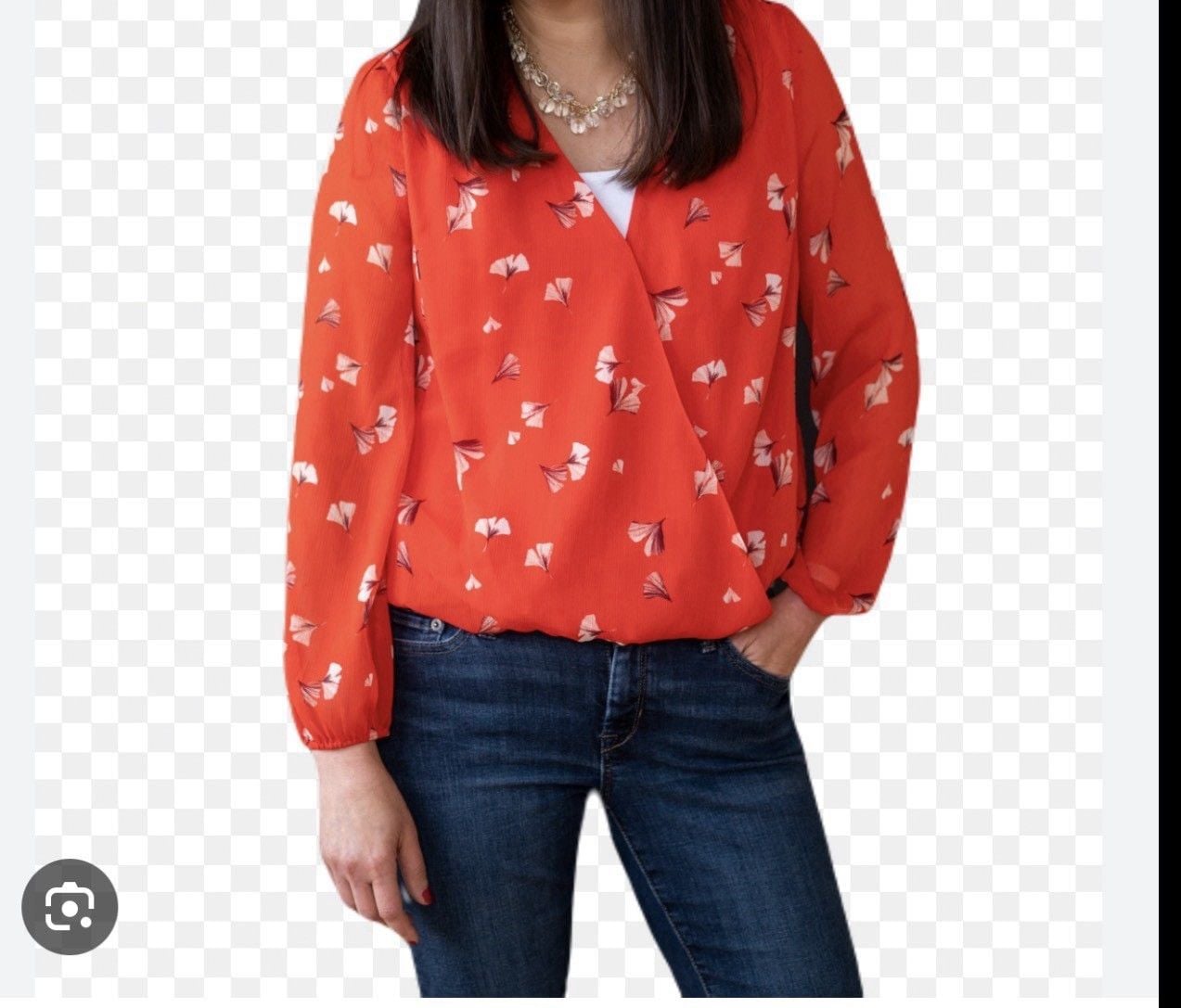 Banana Republic Red Floral Chiffon Pleated V-Neck Long Sleeve Blouse Size L 4