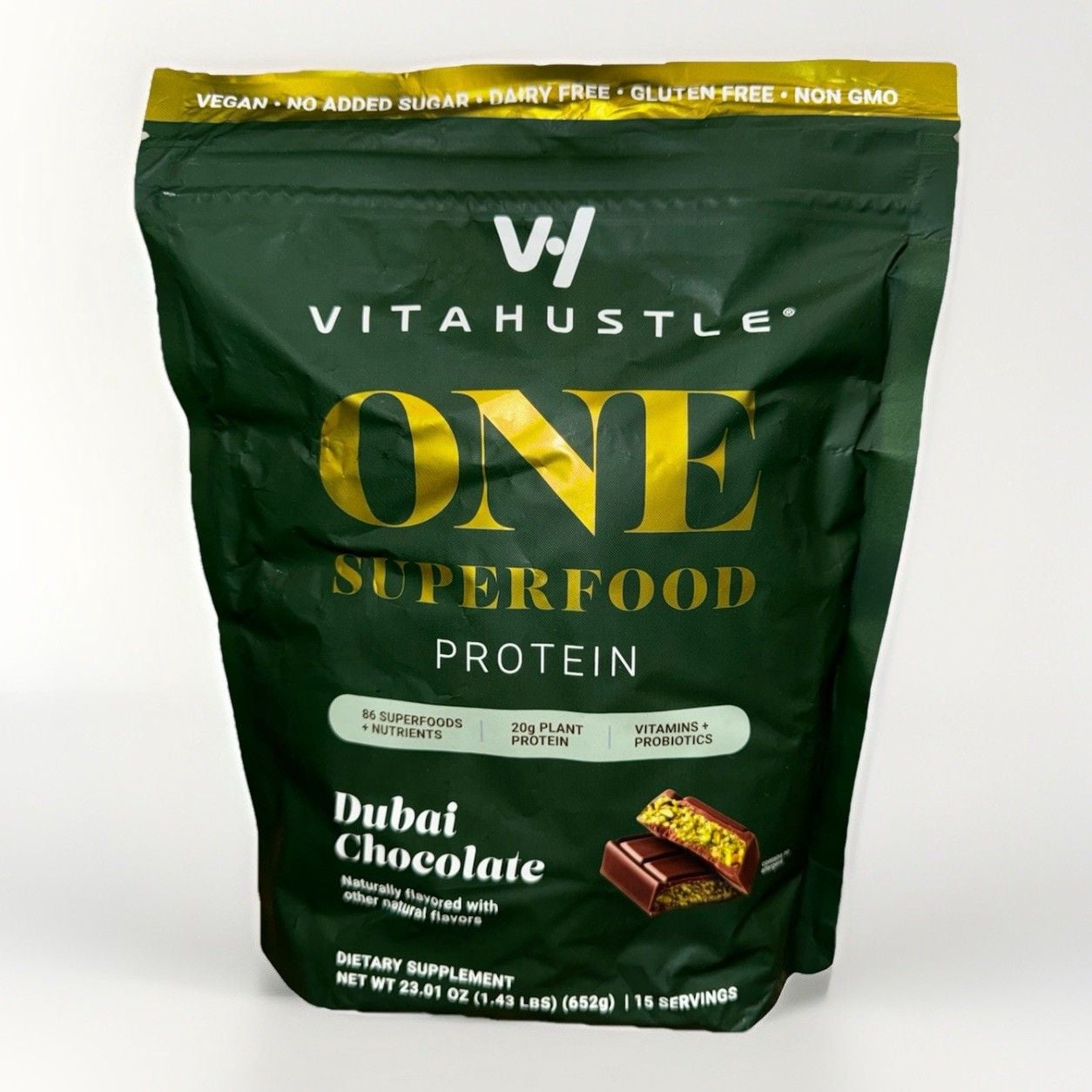 VitaHustle ONE Vegan Protein Powder, Dubai Chocolate 1