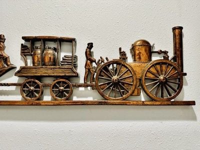 Vintage 1971 Large 33” Freight Train w/People Aboard The Train Copper Tone Art 7