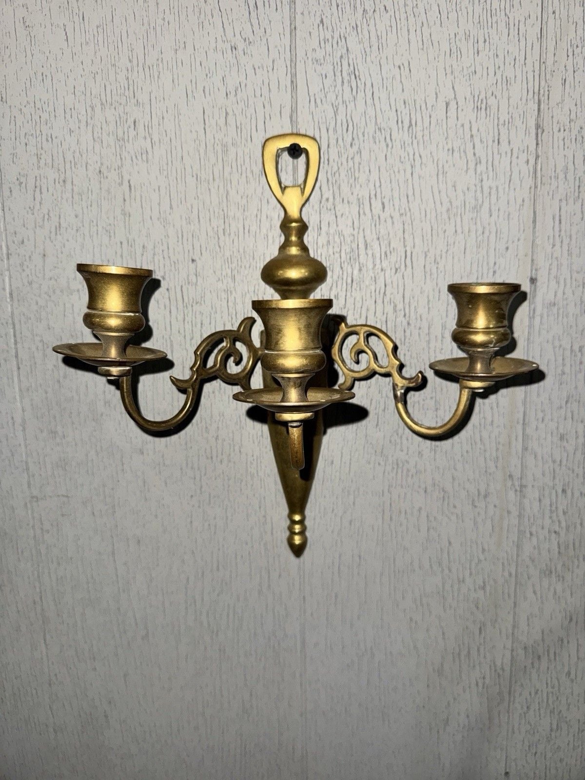 Vintage Brass Tone Wall Candle Sconces Pair 3 Arm Colonial Scroll Taper Holders 1