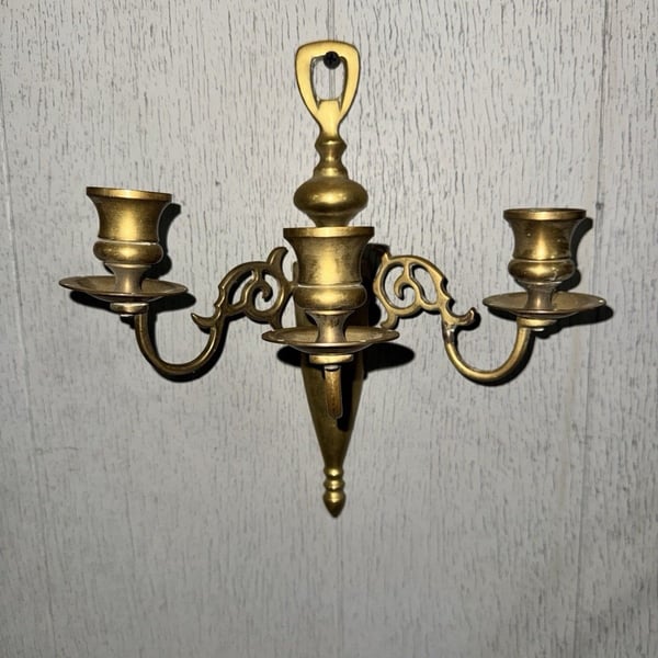 Vintage Brass Tone Wall Candle Sconces Pair 3 Arm Colonial Scroll Taper Holders
