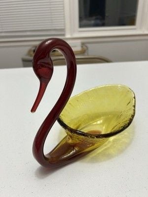 Fostoria Blown Art Glass Red and Amber Swan Candy Dish 2