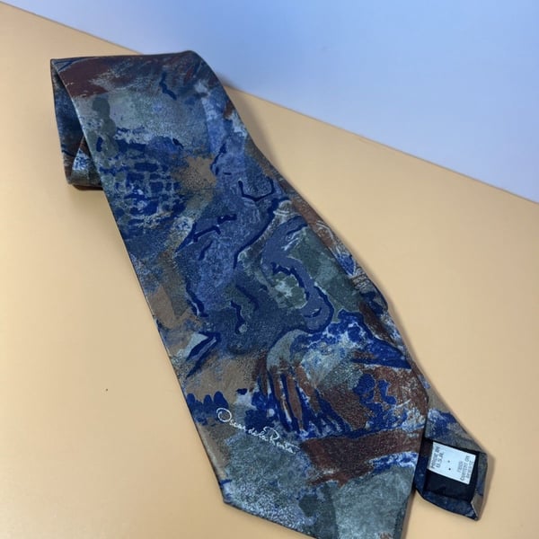 Vintage Oscar de la Renta Tie Floral Print Green/tan Watercolor Abstract Print