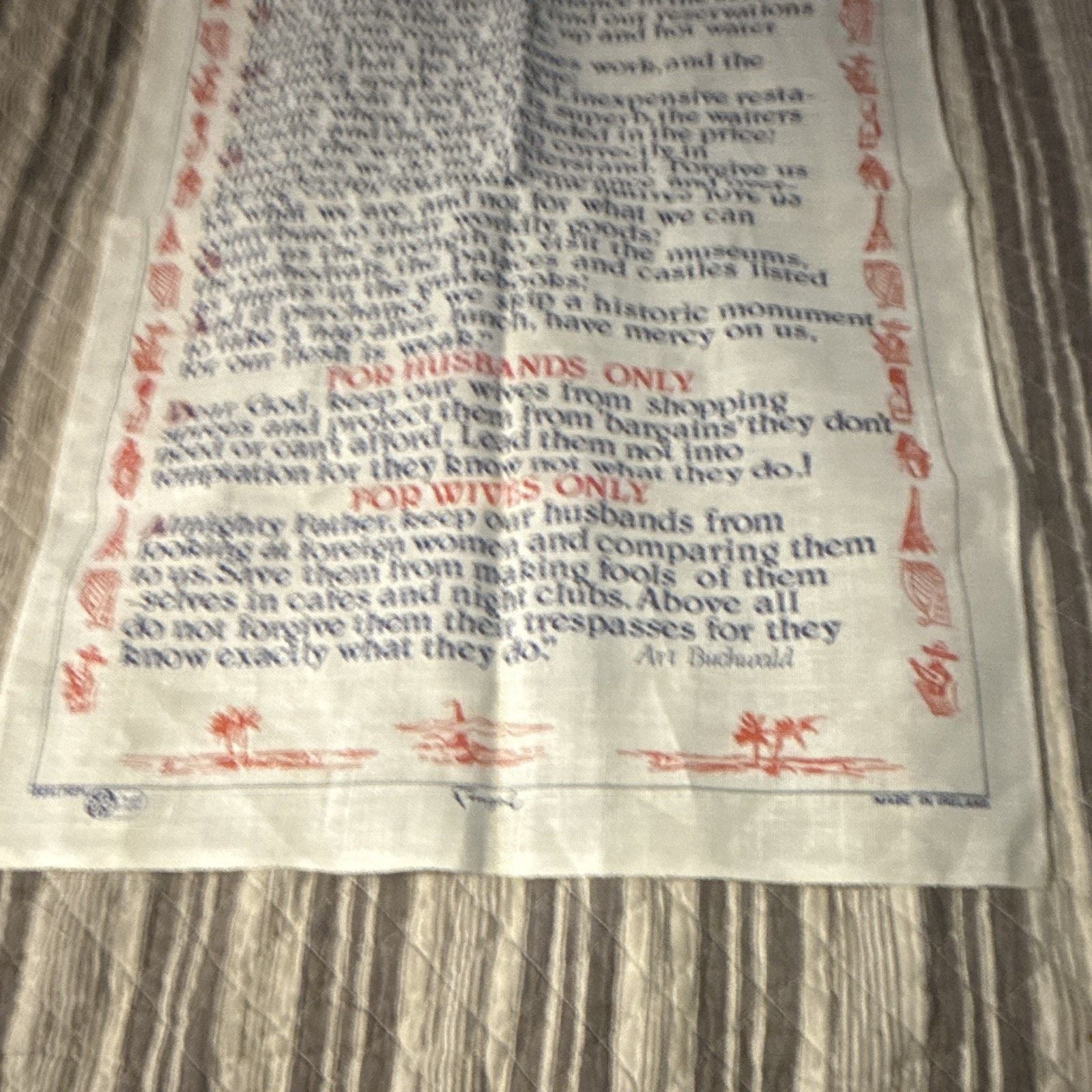 Prayer for Tourists Linen Tea Towel White Red Blue Made in Ireland Vintage 5