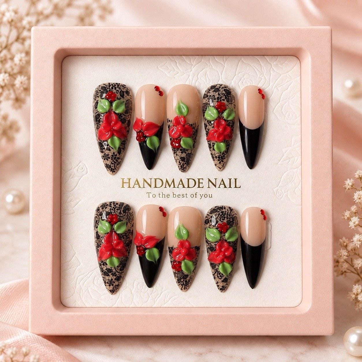 Reusable Red Black Floral Press On Nails Size L Long Stiletto Set #013 1