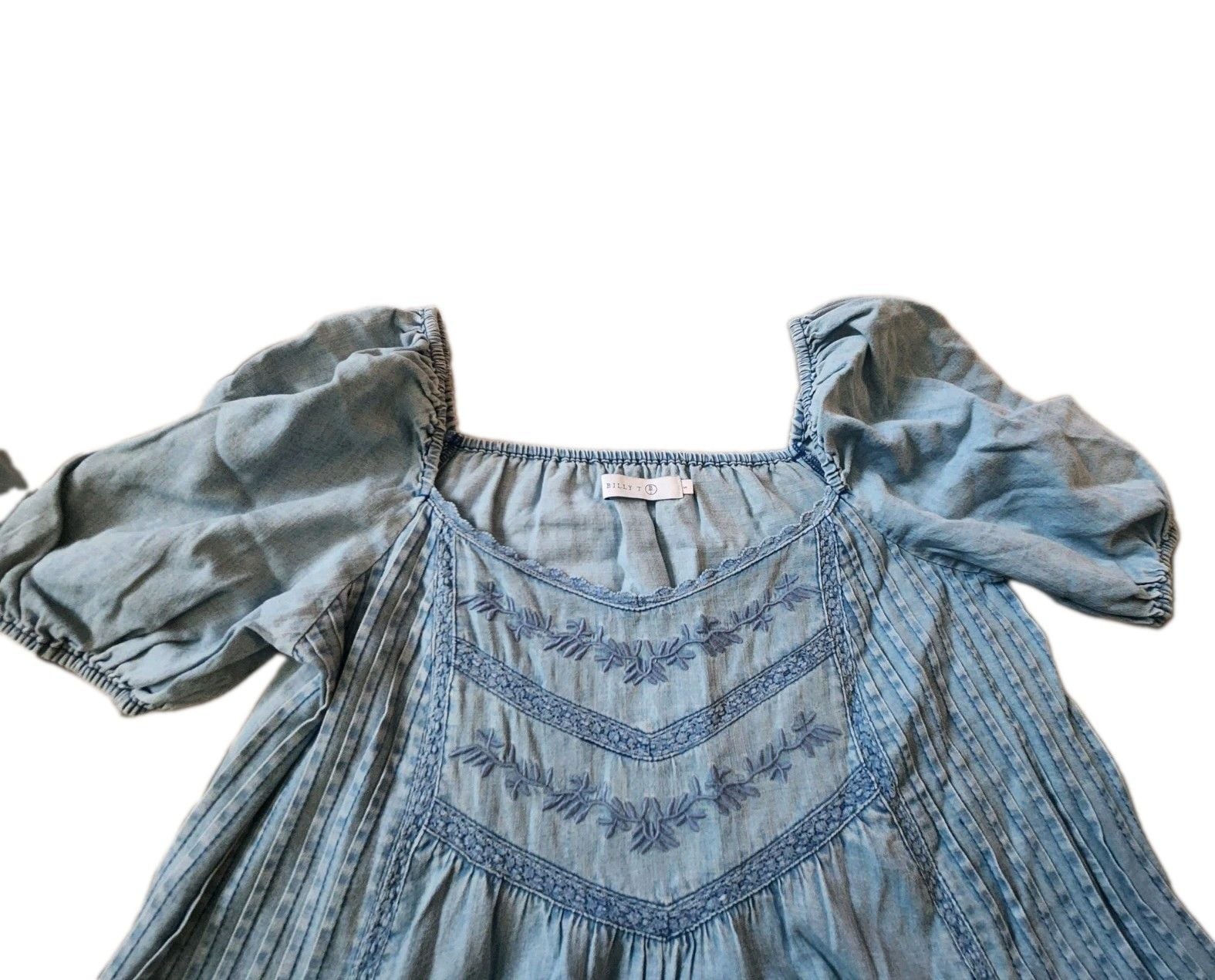 Billy T Women’s Blue Denim Shift Dress Short Embroidered Puff Sleeve S 7