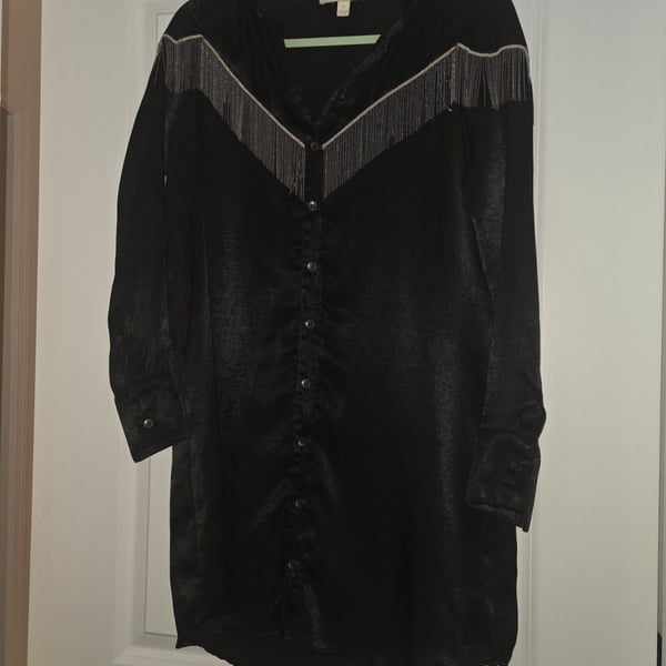 Thirty Thirty Womens Long Sleeve Button Down Western Fringe Shirt Dress Small