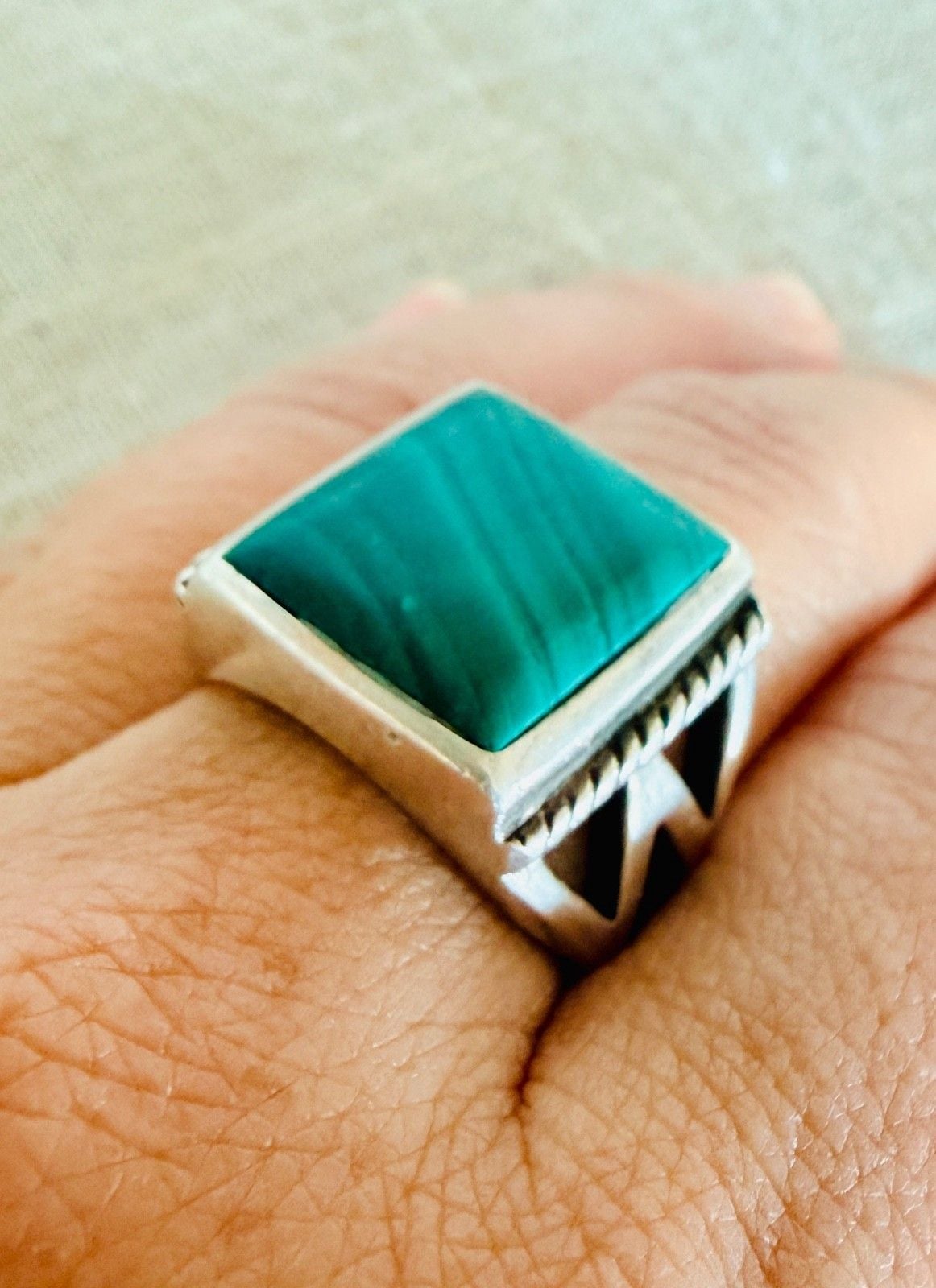 Sterling Silver Large Square Malachite Ring Southwestern Size 7 Statement 7