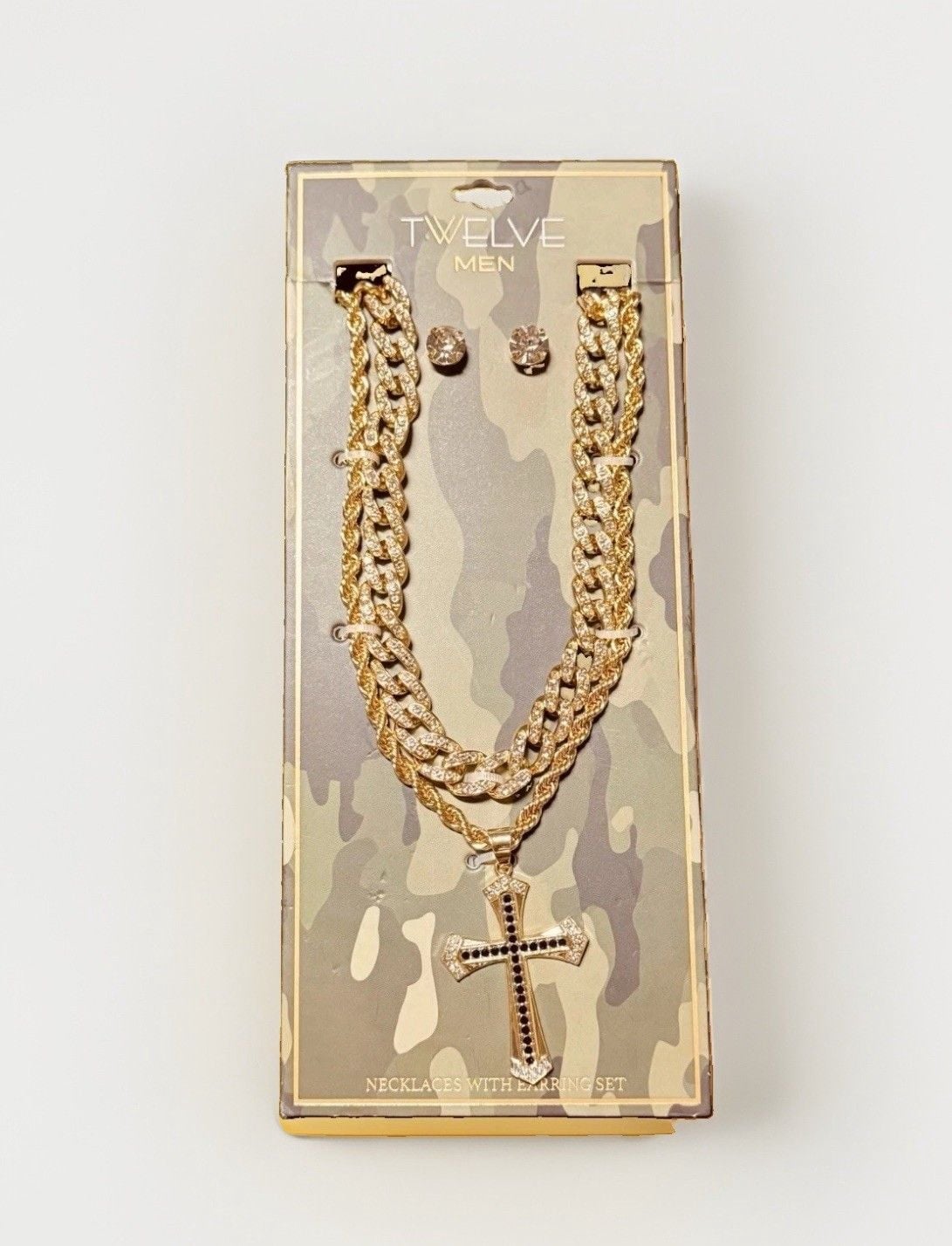 2 CHAIN GOLD TONE CROSS BLACK & CLEAR GEMSTONES NECKLACE 24" 1
