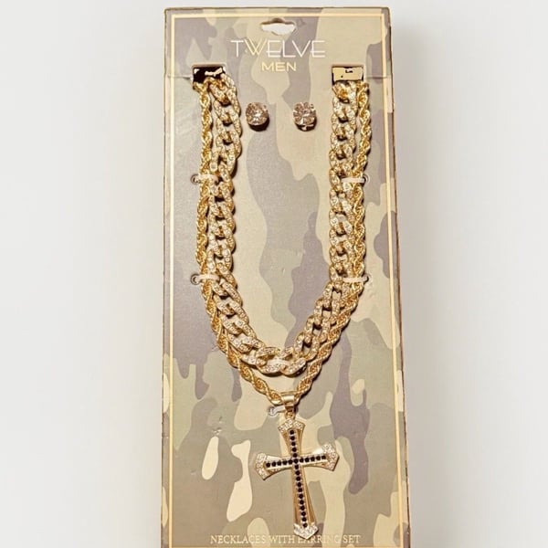 2 CHAIN GOLD TONE CROSS BLACK & CLEAR GEMSTONES NECKLACE 24"