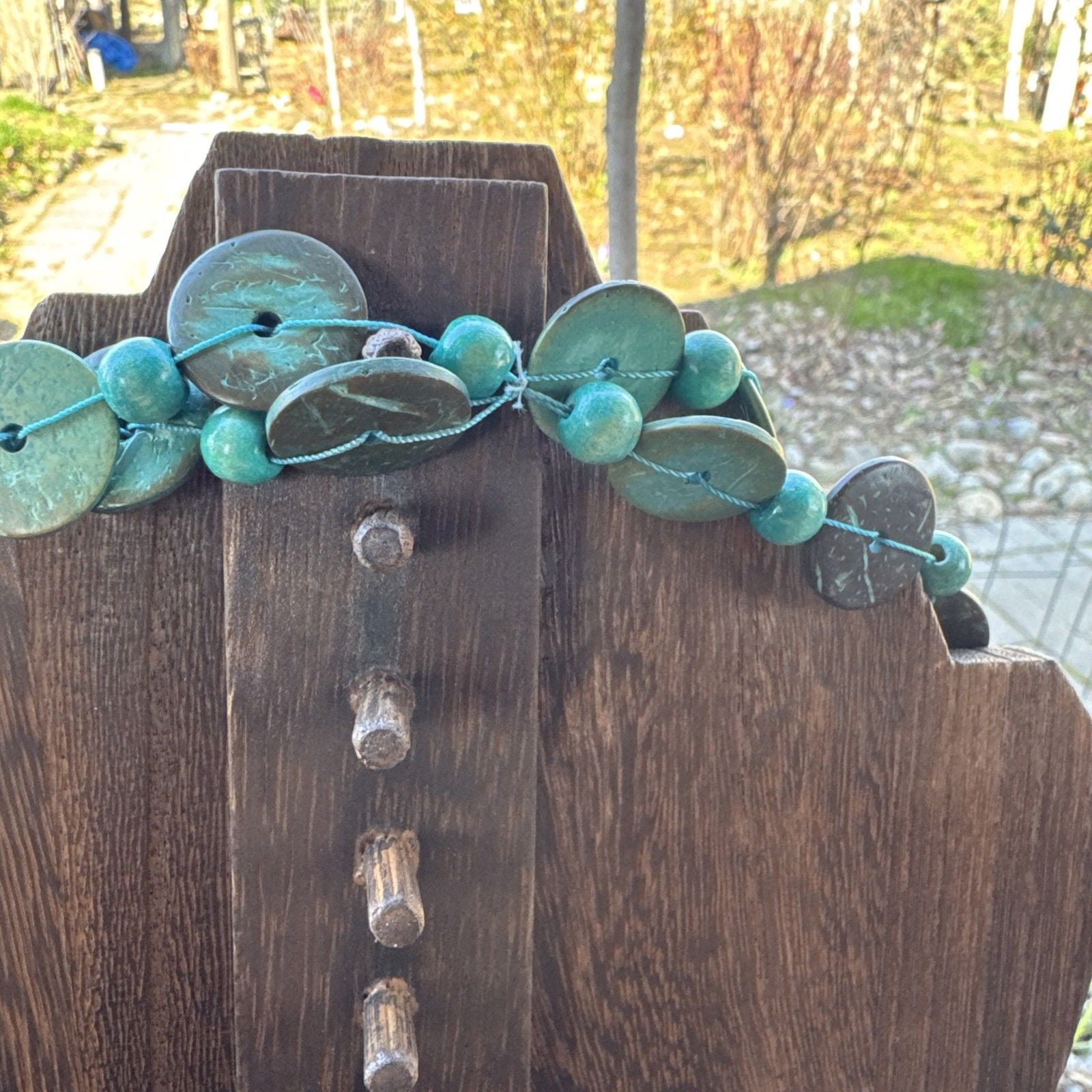 Dyed Coconut Shell Disc Multi Strand Turquoise Necklace Boho Hippie Beach Summer 6