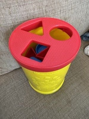 Fisher-Price Vintage 1977 Yellow Shape Sorter Bucket w/ Lid & Blocks 2