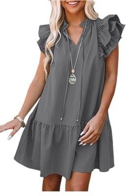 Dokotoo Womens Dresses 2023 V-Neck Drawstring Ruffle Cap Short Sleeve-SIZE S 2