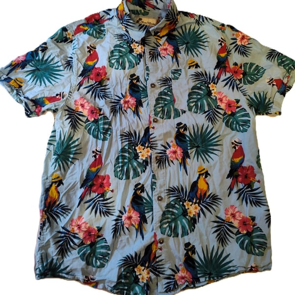 Oliver & Burke Hawaiian Men's Shirt Short Sleeve Color Blue Parrot Size Large.