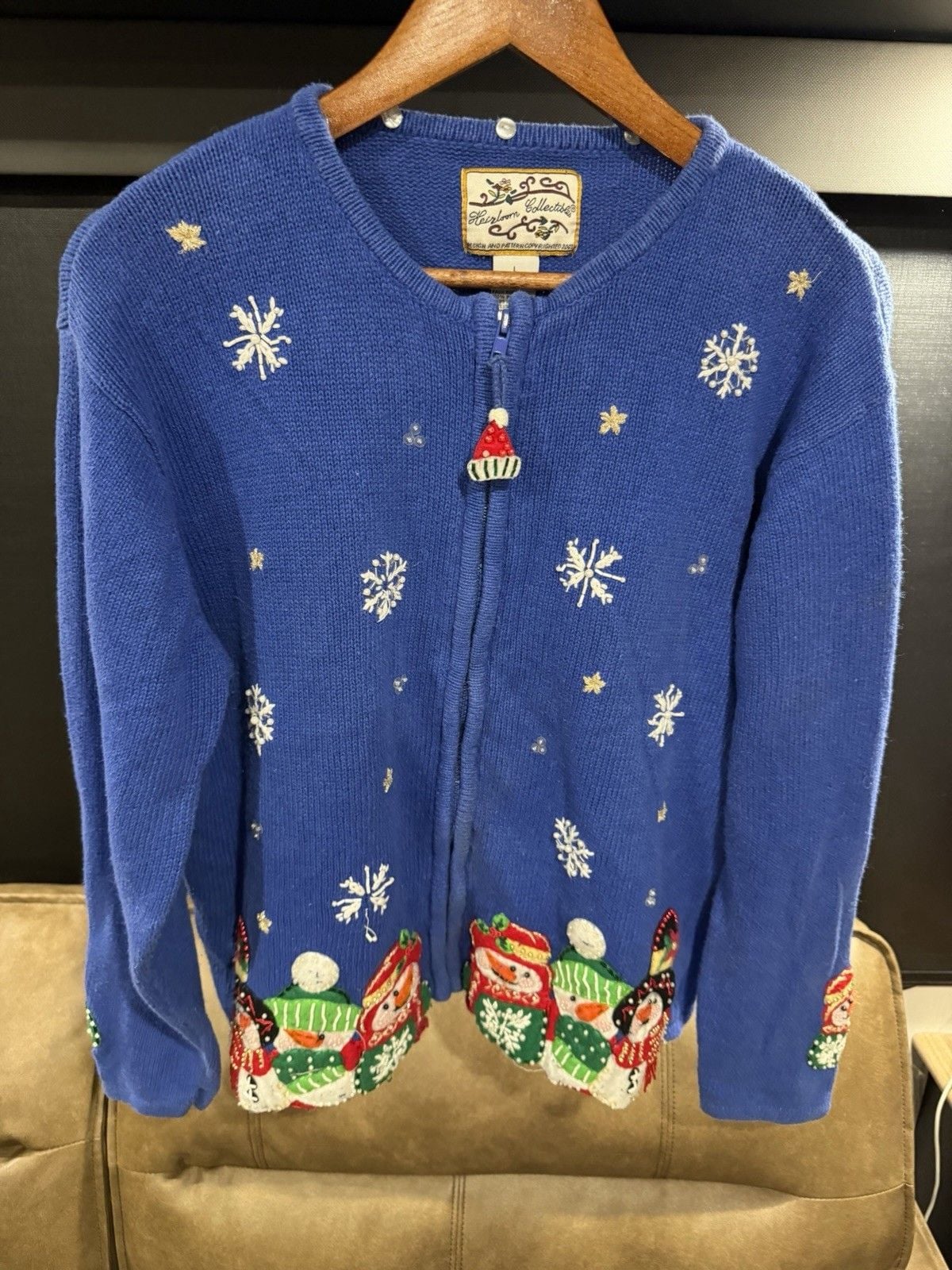 vintage heirloom collectibles Snowman Christmas Cardigan Sweater Blue Zip Sz L 2