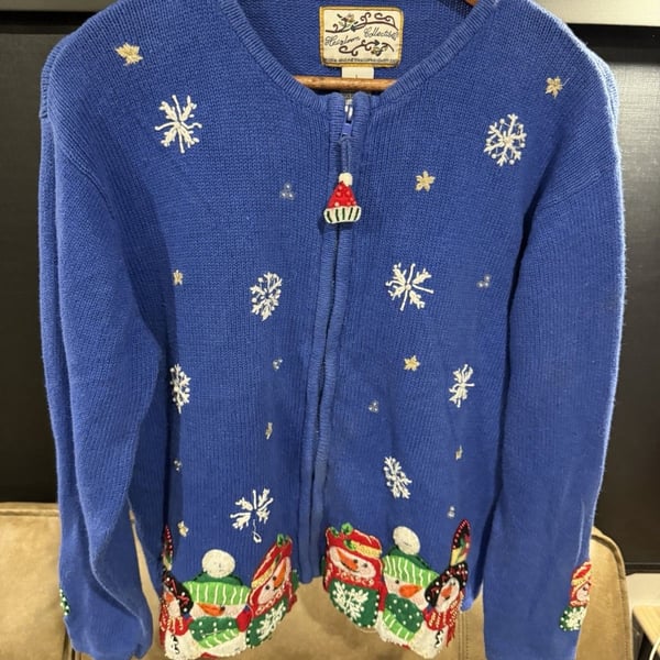 vintage heirloom collectibles Snowman Christmas Cardigan Sweater Blue Zip Sz L
