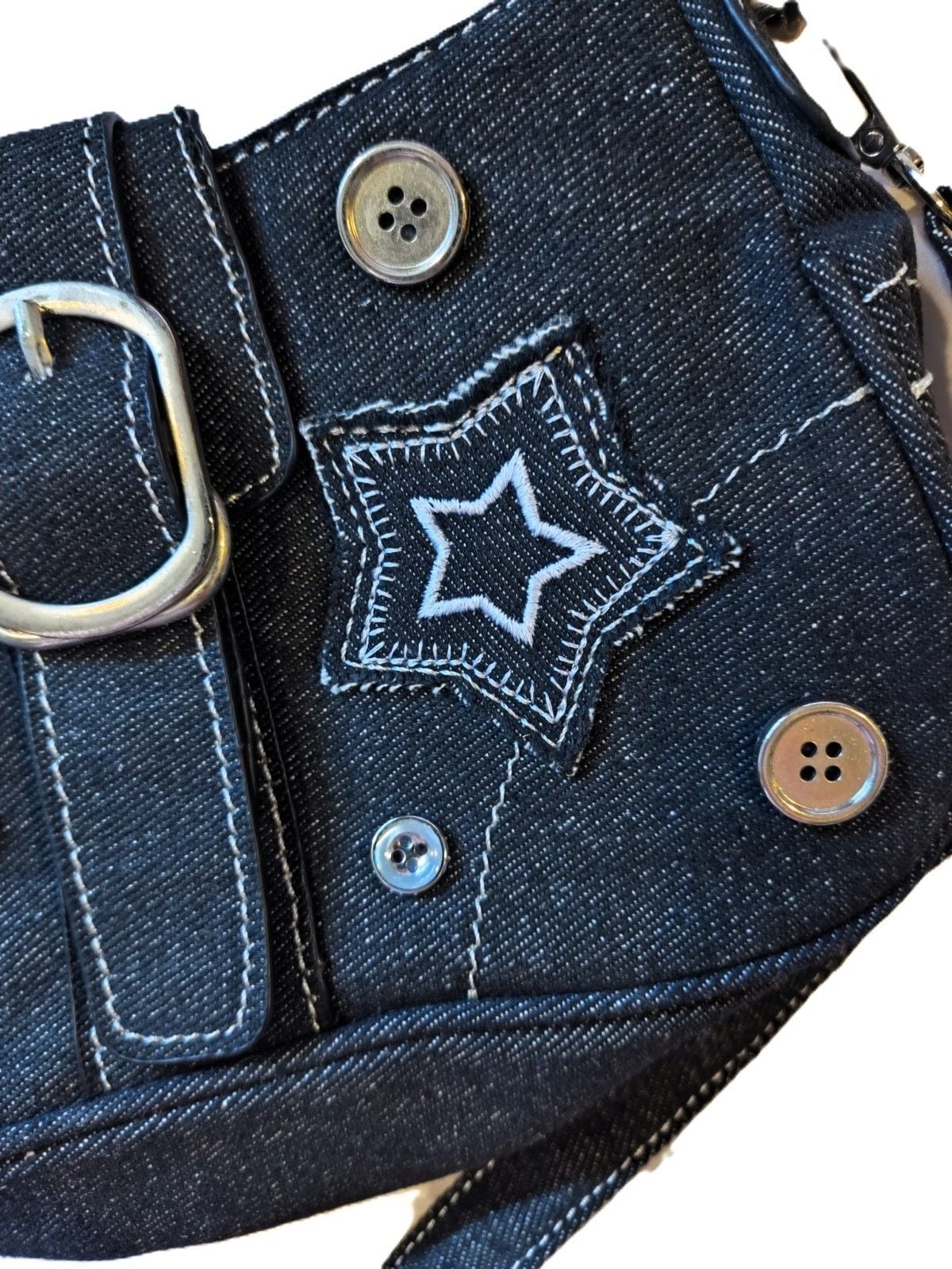 Y2K-Style Grunge Retro Denim Star Shoulder Hobo Bag Buckle Strap Silver Chain 6