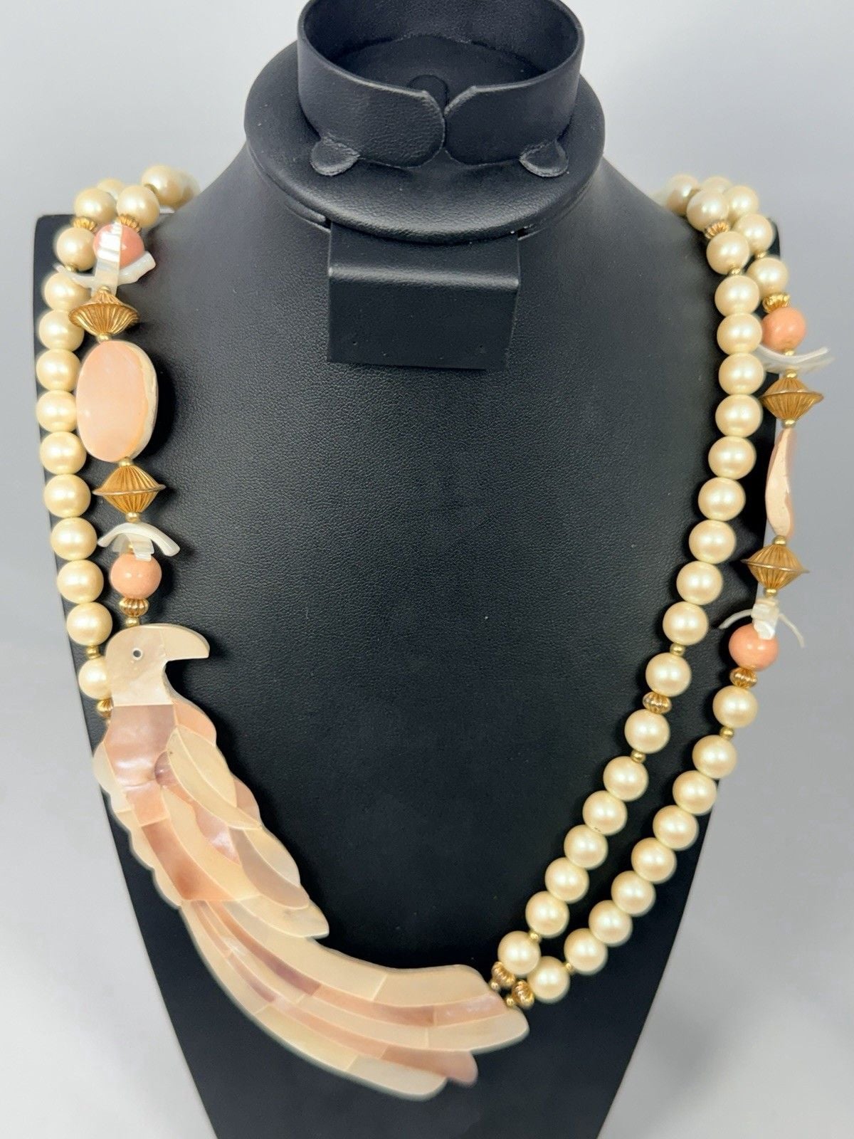 Vtg Mother Of Pearl Carved Bird Statement Necklace Faux Pearl Coral Multi Strand 3