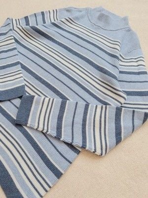 90s Striped Cotton Mock Neck Ribbed Sweater Navy Blue White Size Petite Large 3