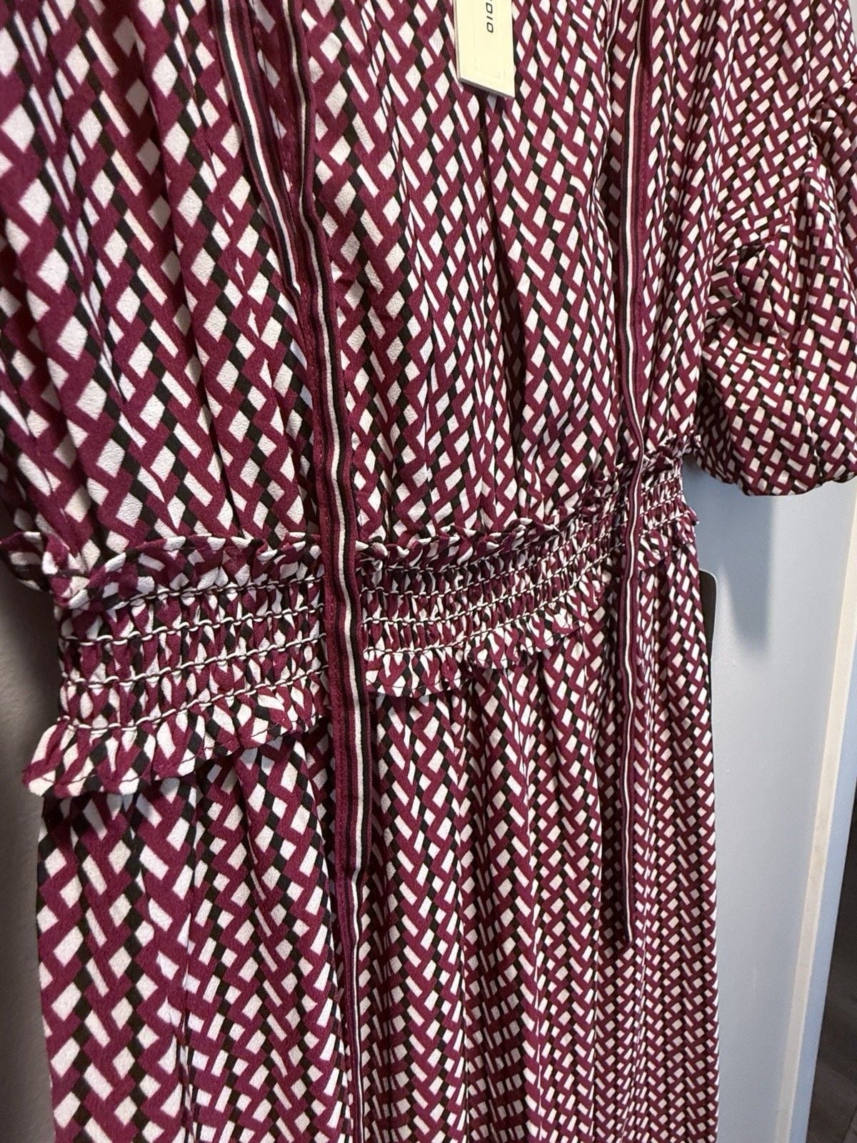 Max Studio Burgundy Geometric Maxi Dress Puff Sleeve Tie Neck Smocked Size S 9