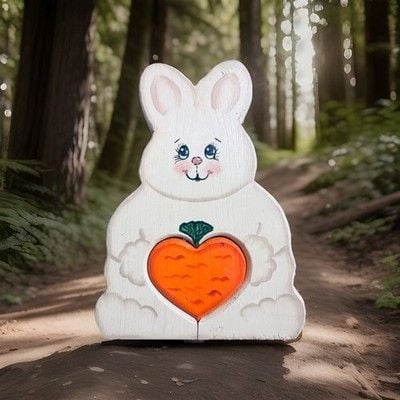Vintage Handmade Hand Carved Wooden Bunny Shelf Sitter With Cut Out Heart Carrot 2