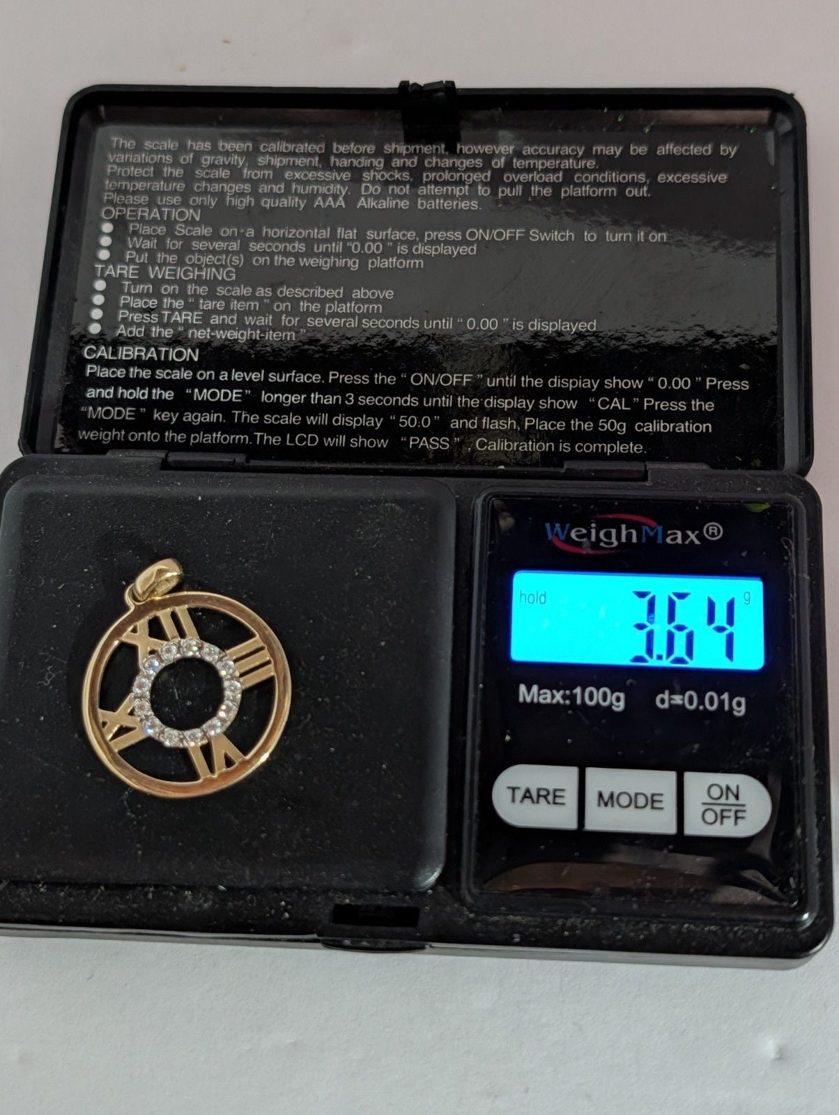 14k Yellow Gold Roman Numeral Clock Pendant 6