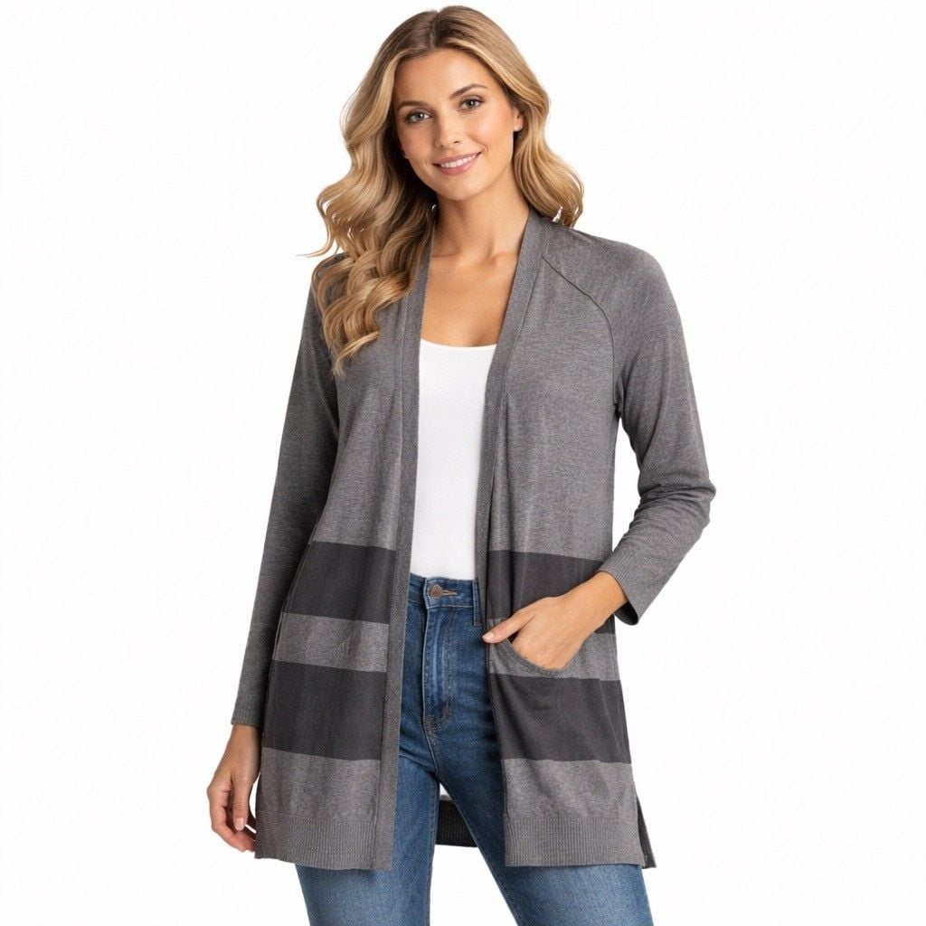 EUC Pointelle Gray & Charcoal Open Front Draped Cardigan Medium 2
